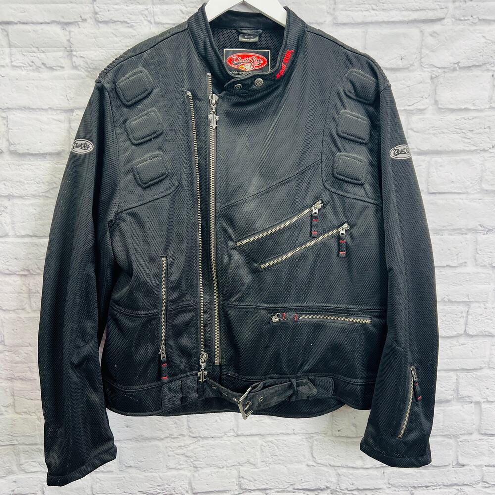 Vintage Thrill Ride Mens Motorcycle Jacket Size XL Black Mesh Padded Belted